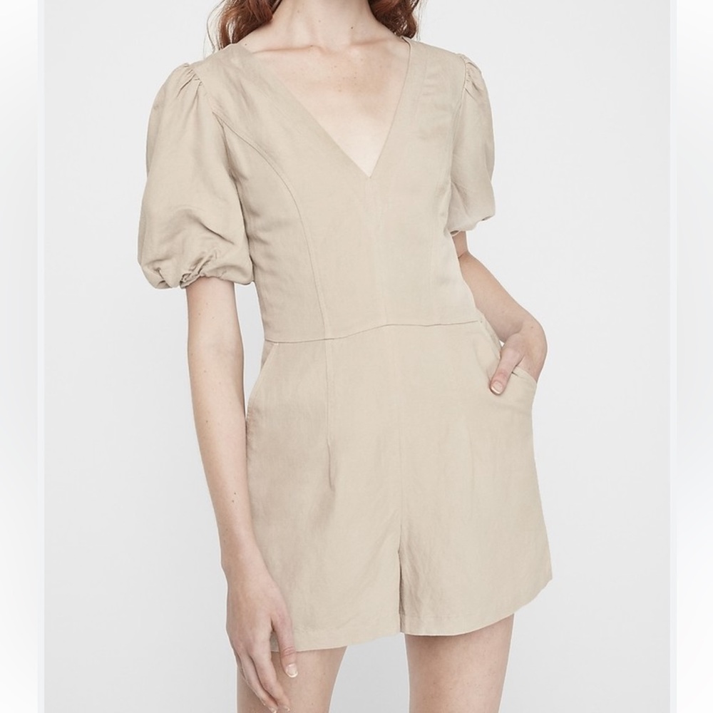 EXPRESS, Beige Linen-Blend Puff Sleeve Romper